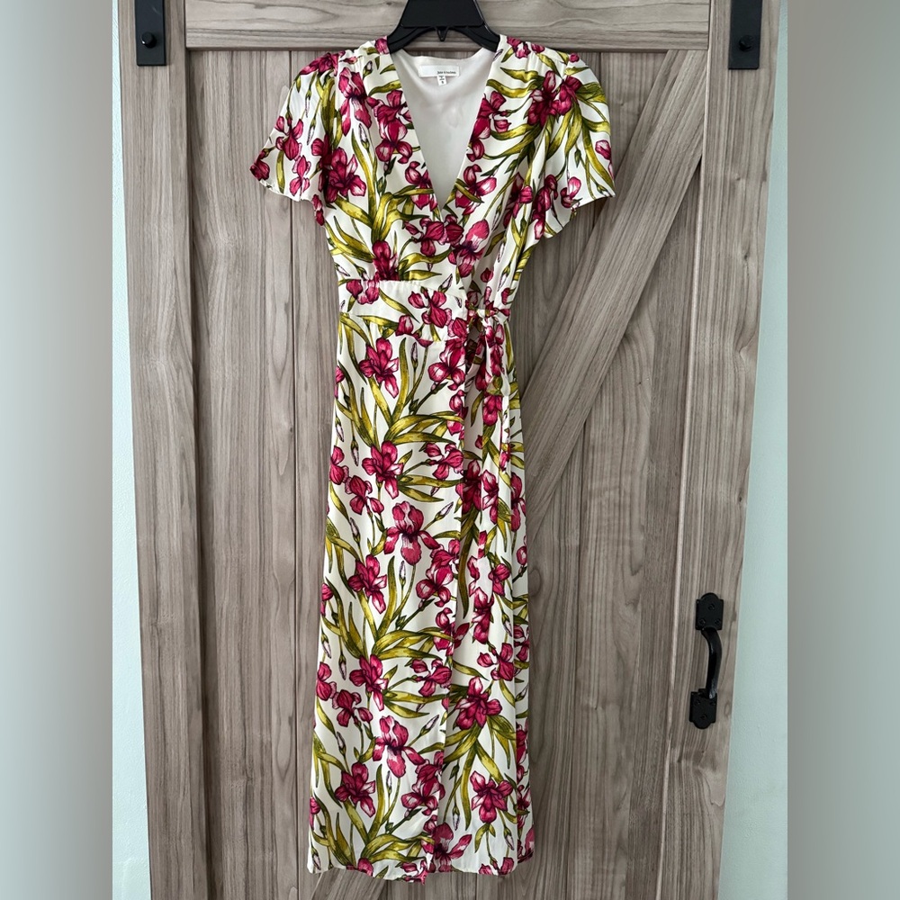 June & Hudson Pink and Green Floral Midi Wrap Dress Sz S